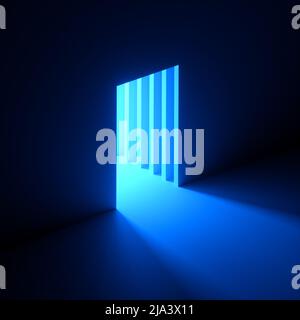 3d rendering, sfondo astratto, luce al neon blu che esce dal foro della parete. Finestra quadrata, grotta, porta aperta, portale. Corridoio, ingresso tunnel. Foto Stock