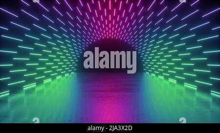 3d rendering, sfondo neon astratto, performance stage, linee verdi rosa incandescenti, luce ultravioletta, tunnel rotondo, corridoio, riflessione del pavimento Foto Stock