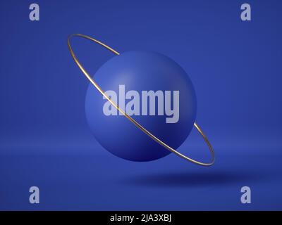 3d rendering, sfondo futuristico blu astratto, concetto minimale moderno, stile pulito. Palline flottanti, oggetti di livellamento. Sfera volante. Anello d'oro. Foto Stock