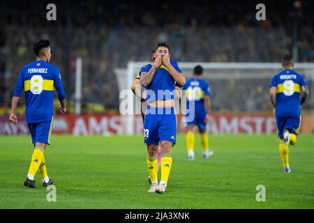 Buenos Aires, Argentina. 26th maggio 2022. Alan Varela di Boca Juniors celebra un gol durante la partita Copa COMMEBOL Libertadores 2022 tra Boca Juniors e Deportivo Cali all'Estadio Alberto J. Armando.(Punteggio finale; Boca Juniors 1:0 Deportivo Cali) (Foto di Manuel Cortina/SOPA Images/Sipa USA) Credit: Sipa Live News/USA Foto Stock