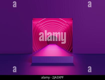 3d rendering, sfondo viola astratto, luce neon rosa all'interno del tunnel quadrato, portale futuristico, palcoscenico di performance, corridoio vuoto, Foto Stock