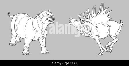 Animali preistorici - corifodone e giganteschi cervi megaloceros. Disegno con animali estinti. Modello per libro da colorare. Foto Stock