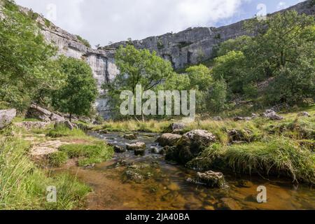 Una lunga esposizione dal centro del torrente Malham Cove, guardando verso le imponenti scogliere calcaree della famosa Cove. Yorkshire Dales. Foto Stock