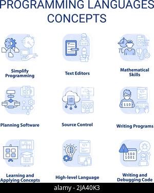 Linguaggi di programmazione: Set di icone concettuali blu chiaro Illustrazione Vettoriale