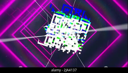 Immagine di forme geometriche al neon rosa su codici qr colorati Foto Stock