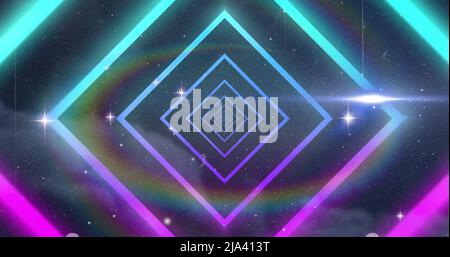 Immagine di forme geometriche al neon su stelle incandescenti Foto Stock