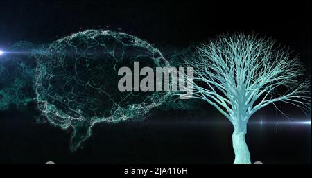 Immagine del cervello che ruota su sfondo nero con luci e albero Foto Stock