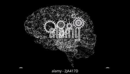 Immagine del cervello che ruota su sfondo nero con ingranaggi Foto Stock