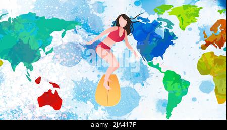 Immagine di una donna cartoon surfboarding sulla mappa del mondo su sfondo bianco con macchie blu Foto Stock