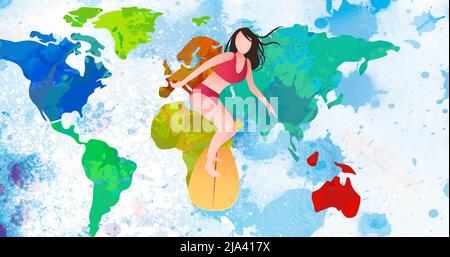 Immagine di una donna cartoon surfboarding sulla mappa del mondo su sfondo bianco con macchie blu Foto Stock