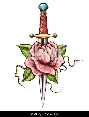 Tatuaggio di fiore di rosa trafitto da Dagger isolato su bianco. Illustrazione vettoriale. Illustrazione Vettoriale