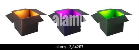Imposta tre caselle magiche aperte di luce scura dall'interno. rappresentazione 3d, illustrazione 3d Foto Stock