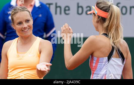 Il belga Kimberley Zimmermann e il belga Maryna Zanevska sono stati raffigurati durante una partita di tennis contro US' Krawczyk - Demi Schuurs olandese, nel secondo turno Foto Stock