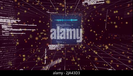 Immagine di 6g, punti ed elaborazione dati che si spostano su sfondo marrone Foto Stock