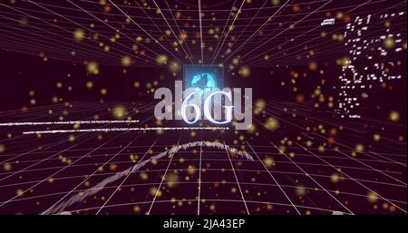 Immagine di 6g, punti ed elaborazione dati che si spostano su sfondo marrone Foto Stock