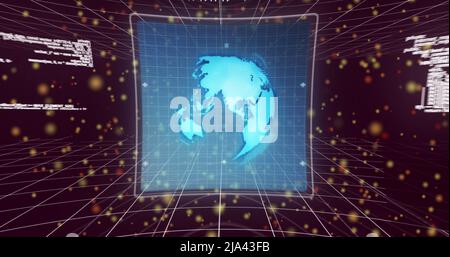 Immagine di 6g, punti ed elaborazione dati che si spostano su sfondo marrone Foto Stock