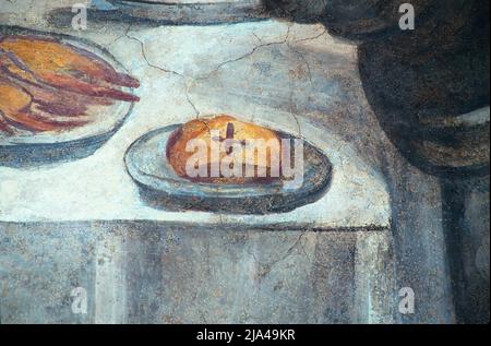 Chiara d'Assisi benedice il pane per volere del Papa, affresco nel monastero di San Damiano, Assisi, Italia Foto Stock