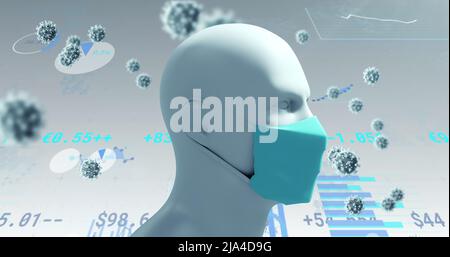Modello del volto umano che indossa una maschera che gira contro le cellule del codice-19 e l'elaborazione di dati statistici Foto Stock