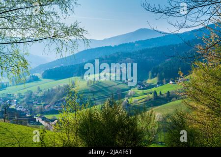 Germania, Foresta Nera turismo regione villaggio in valle circondata da maestose montagne ricoperte di alberi in primavera con il sole Foto Stock