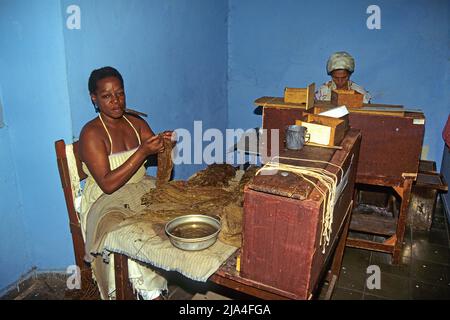 Le donne cubane fanno rotolare i sigari cubani in una fabbrica di sigari a Pinar del Rio, Cuba, Caraibi Foto Stock