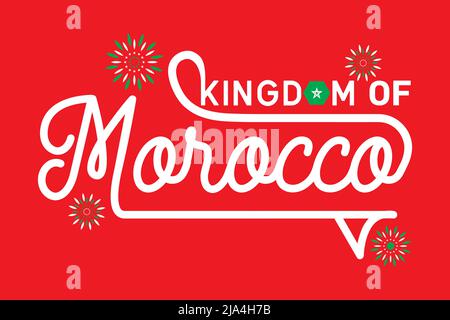 Logo che presenta il regno del Marocco con i colori rosso e verde più stelle sotto forma di fuochi d'artificio. Bandiere del Marocco. Vettore tipografico Illustrazione Vettoriale