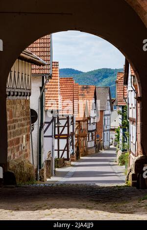 Casa a graticcio del villaggio di Herleshausen in Assia Foto Stock