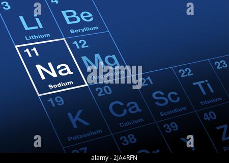 Sodio su tavola periodica degli elementi. Metallo alcalino, con simbolo Na da atrio latino, e con numero atomico 11. Foto Stock