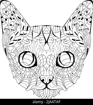 Testa di gatto zentangle con linee pulite per colorare libro per antistress, t-shirt design, tatuaggio e altre decorazioni Illustrazione Vettoriale