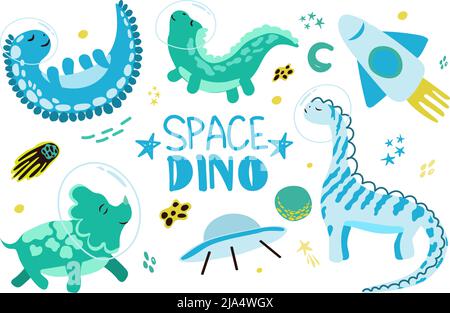 Set di dinosauri colorati, elementi disegnati a mano, in stile cartone animato. Razzo. Iscrizione disegnata a mano. Dinosauri nello spazio con pianeti, comete e stelle ar Illustrazione Vettoriale