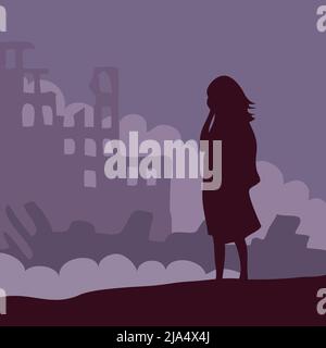 Una ragazza sta piangendo di fronte a una città rovinata. Le terribili conseguenze della guerra, del terremoto e del disastro naturale. Panorama paesaggio con costruzione distrutta Illustrazione Vettoriale