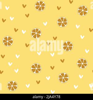 Illustrazione estiva con arance e limoni. Motivo Seamlees con frutti colorati su sfondo colorato. Concetto di cibo. Modello per invito Illustrazione Vettoriale