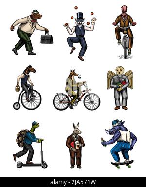 Volpe in bicicletta, giocoliere Cat, tartaruga su uno scooter. Orso, cavallo, lepre, gufo, calamaro. Set di personaggi di Fashion Animal. Schizzo disegnato a mano. Incisione vettoriale Illustrazione Vettoriale