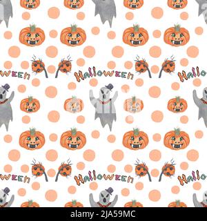 Halloween, motivo colorato senza cuciture su sfondo bianco, disegnato a mano con tecnica acquerello Foto Stock