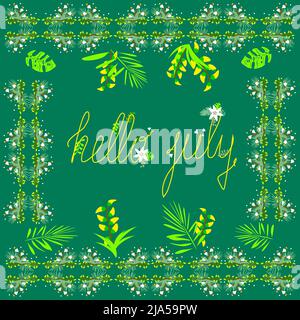 ciao banner di luglio in una cornice di fiori gialli su uno sfondo verde Illustrazione Vettoriale