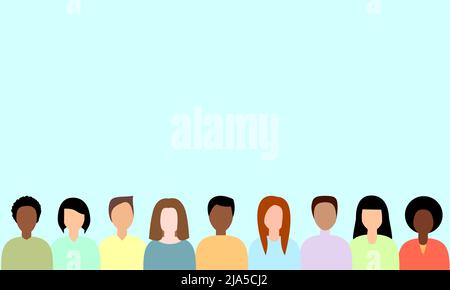 Persone multiculturali isolate, copia modello di spazio. Illustrazione dello stock vettoriale piatto. Uomini multiculturali, donne, etniche diverse. Concetto multiculturale Illustrazione Vettoriale