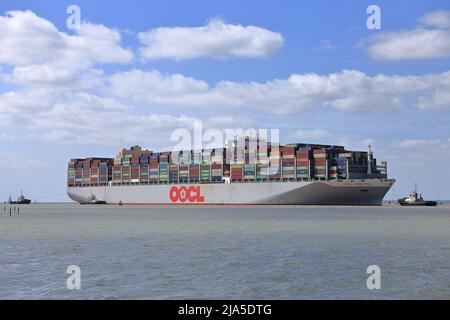 Nave container OOCL Hong Kong che entra a Harwich Haven e nel porto di Felixstowe assistita dai rimorchiatori Svitzer Kent, Svitzer Deben e Svitzer Shotl Foto Stock