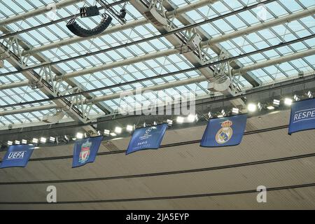 Saint Denis, Francia. 27th maggio 2022. La segnaletica è visibile all'interno dello Stade de France durante la finale della UEFA Champions League 2021/22 Real Madrid Training Session allo Stade de France il 27 maggio 2022 a Parigi, Francia. Real Madrid affronterà Liverpool nella finale della UEFA Champions League il 28 maggio 2022. Credit: Giuseppe Maffia/Alamy Live News Foto Stock
