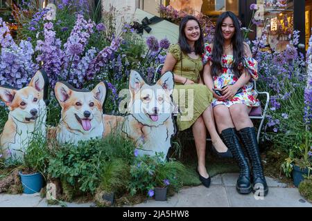Chelsea, Londra, UK, 27th May 2022.Visitors posare con installazioni floreali al festival annuale gratuito di fiori di Chelsea, 'Chelsea in Bloom', che si svolge dal 23 al 28th maggio 2022, quest'anno il tema è 'British Icons'. Amanda Rose/Alamy Live News Foto Stock
