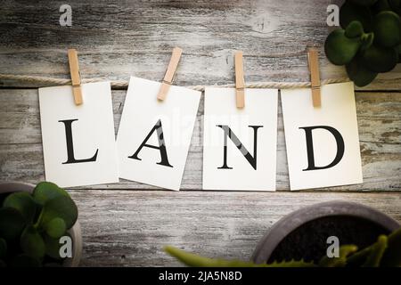 Un insieme di schede stampate che ortografia la terra di parola su uno sfondo di legno invecchiato. Foto Stock