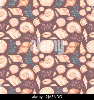 Acquerello conchiglie mare senza cuciture modello, estate disegnata a mano ocen decorazione carta ripetizione, Seashells carta scrapbook. Foto Stock
