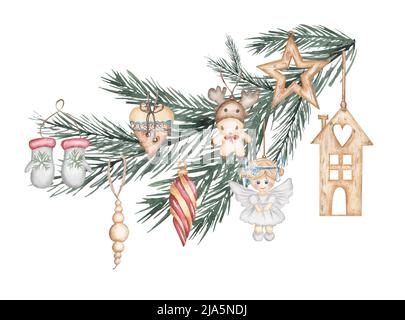Acquerello ramo di abete di Natale con giocattoli d'epoca albero di natale, bouquet clipart, Inverno illustrazione floreale, arredamento vacanze Foto Stock