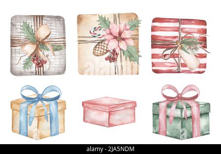Watercolor scatola di Natale con decorazioni floreali set, vintage natale regali illustrazione, vacanze invernali decorazione clipart Foto Stock