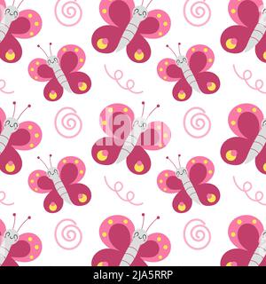 Modello senza cuciture con farfalle rosa volanti. Cartoon carino personaggi con emozioni positive. Illustrazione vettoriale del bambino disegnata a mano con cute Illustrazione Vettoriale