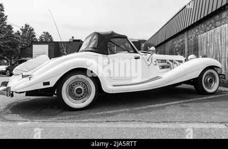 Auto di lusso Mercedes-Benz, dettagli close-up, bianco e nero, lo spettacolo oldtimer. Mercedes Benz d'epoca parcheggiata in strada. Foto di viaggio, selectiv Foto Stock