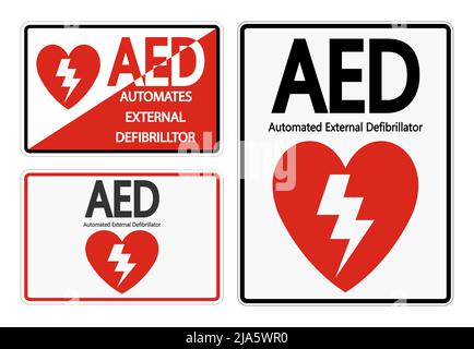 Impostare l'etichetta del simbolo AED su sfondo bianco Illustrazione Vettoriale