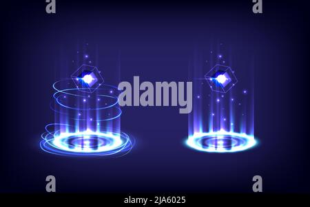 Realtà virtuale GUI e UI. Fase di scansione per la visualizzazione. Futuristico di scienza del portale e dell'ologramma. Palcoscenico ad alta tecnologia nel luminoso proiettore HUD. Porta magica in gioco Illustrazione Vettoriale