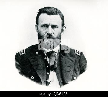 Grant (1822 - 1885) è stato un ufficiale militare e politico americano che ha servito come presidente degli Stati Uniti nel 18th dal 1869 al 1877. Nel 1865, come comandante generale, Ulisse S. Grant guidò gli eserciti dell'Unione alla vittoria sulla Confederazione nella guerra civile americana. Foto Stock