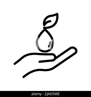 Vettore icona mano con goccia d'acqua e foglia. Ecologia, vita sana, ambiente sano. Stile icona linea. Semplice illustrazione del disegno modificabile Illustrazione Vettoriale