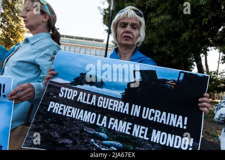 Roma, Italia. 19th maggio 2022. Sit-in organizzato dalla Comunità Ucraina di Roma di fronte alla sede della FAO per chiedere l'esclusione dei membri e degli agenti della Russia dalla FAO. (Credit Image: © Andrea Ronchini/Pacific Press via ZUMA Press Wire) Foto Stock