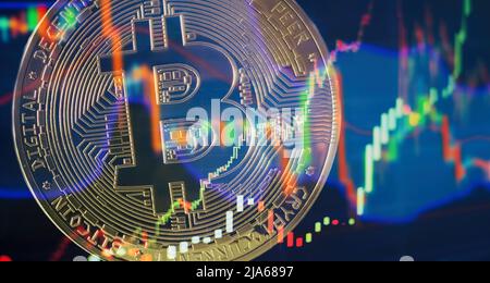 Bitcoins oro con candela stick diagramma grafico e sfondo digitale. Foto Stock